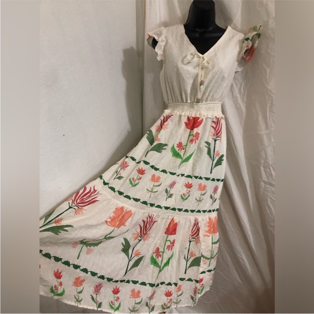 Ivory Green orange floral ruffled shoulder smocked midi  cotton dress size Large